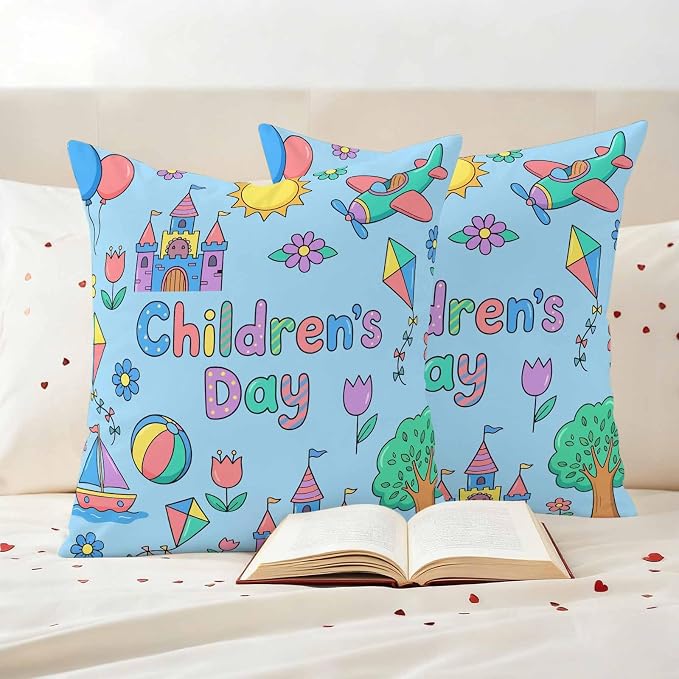 Pack of 2 Children's Day Outdoor Pillow Covers Decorative, Waterproof Pillow Protector, Airplanes Sailing Boats Tree Cartoon Blue Throw Pillowcases Accent Cushion Cases for Patio Couch Sofa 24"x24"
