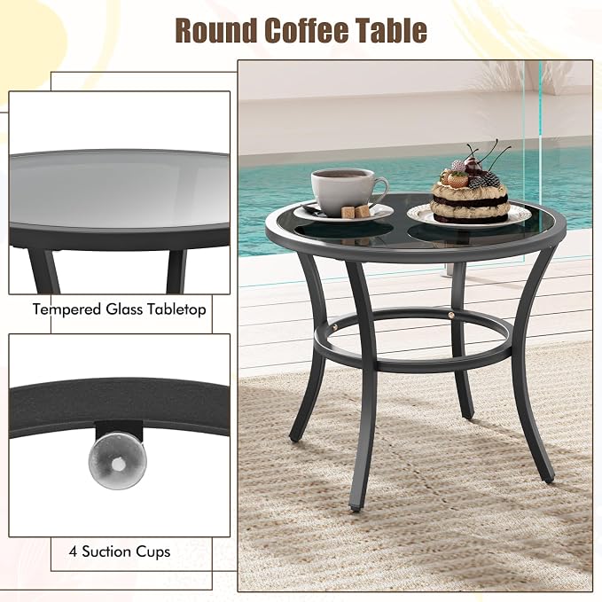 Tangkula 5 Piece Outdoor Furniture Set, Rattan Chairs & Ottomans w/Round Glass Topped Coffee Table, Space Saving Cushioned Patio Conversation Set for Backyard, Poolside (Navy)