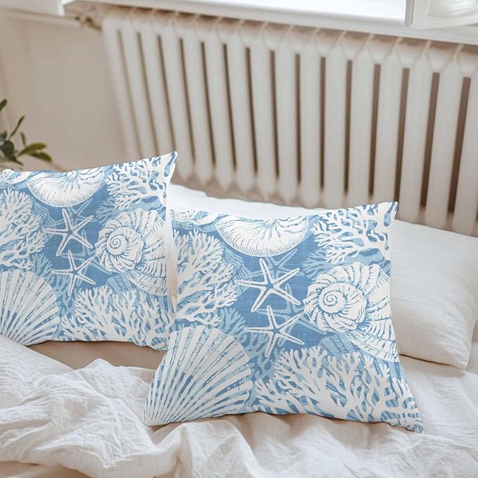 Outdoor Pillow Covers 24x24 Inch Set of 2, Light Blue Starfish Coastal Waterproof Throw Pillow Covers, Summer Coral Shell Beach Nautical Decorative Cushion Pillowcases for Couch Sofa Bed Garden Patio