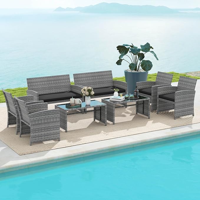 RELAX4LIFE 8-Piece Patio Furniture Set - Wicker Rattan Outdoor Sectional Sofa Set w/Glass Coffee Table, Loveseat, 2 Chairs & Soft Cushions, Bistro Conversation for Garden Porch (2, Grey-Black)