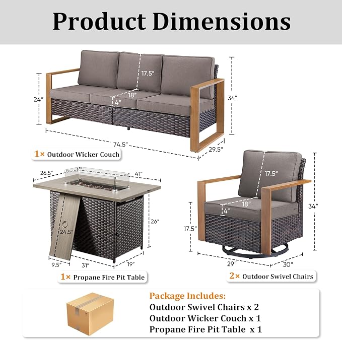 High Back Patio Furniture Set with Fire Pit Table, 4-Pieces Outdoor Furniture with Metal Arm Swivel Chairs, Wicker Conversation Set for Porch, Balcony, Deck and Yard, Grey
