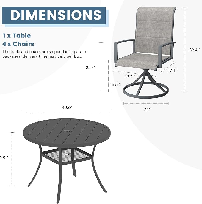 DIFY 5 Pieces Outdoor Patio Dining Set, 4 Grey Padded Textilene Swivel Dining Chairs and 40.6" Grey Round Dining Table, Metal Outdoor Table and Chairs for Poolside Backyard Deck
