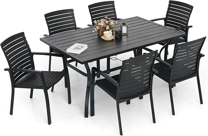 7 Piece Outdoor Patio 60" Rectangular Table and Aluminum Chairs Dining Set | Aluminum Frame Chairs, Resin Chair Seat, Resin Chair Back, 6 Piece Stackable Chairs, 1 Piece Black Metal Table, 6 Person Set