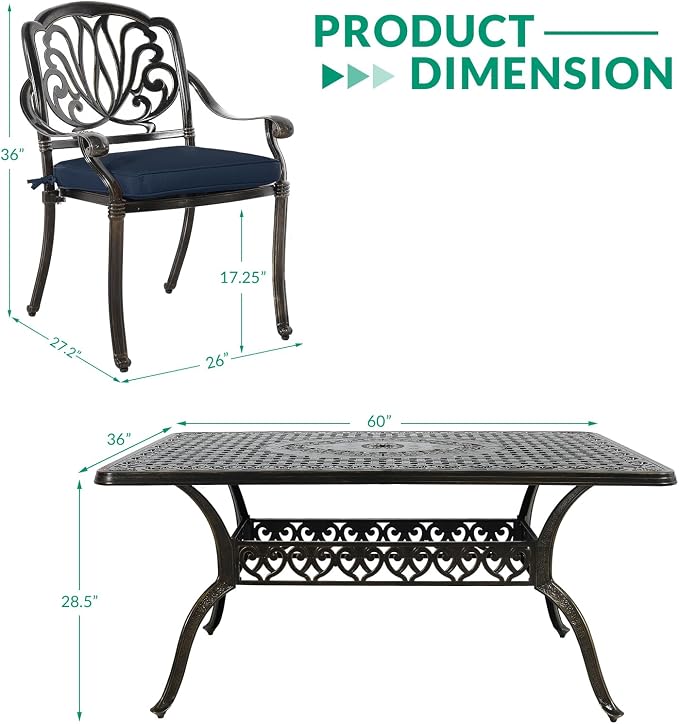 VIVIJASON 7-Piece Outdoor Furniture Dining Set, All-Weather Cast Aluminum Patio Conversation Set, Include 6 Cushioned Chairs and a Rectangle Table with Umbrella Hole, Navy Blue Cushion