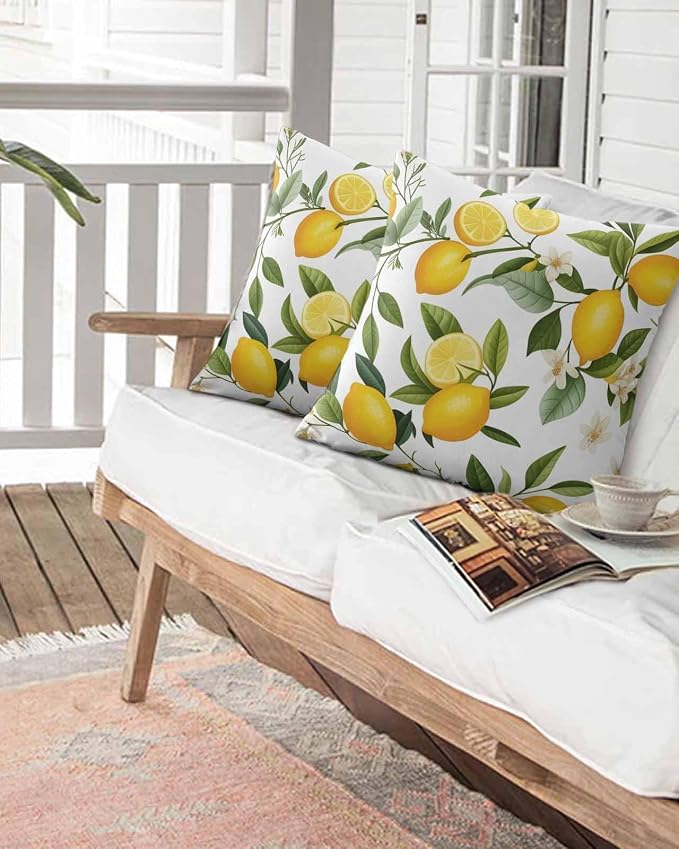 Outdoor Waterproof Throw Pillows Watercolor Lemon Green Leaves Flower Patio Pillows Pack of 2,Decorative Pillow Covers with Insert,Pillow Cushion Case for Garden Couch Sofa Farm Fruit Harvest