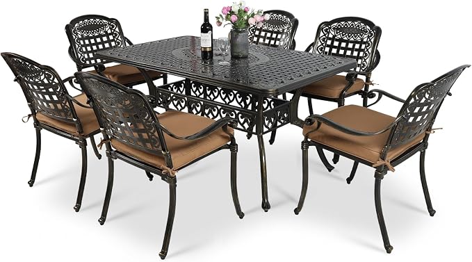VIVIJASON 7-Piece Patio Furniture Dining Set, All-Weather Cast Aluminum Outdoor Conversation Set, Include 6 Cushioned Chairs and a Rectangle Table with Umbrella Hole for Balcony Lawn Garden Backyard
