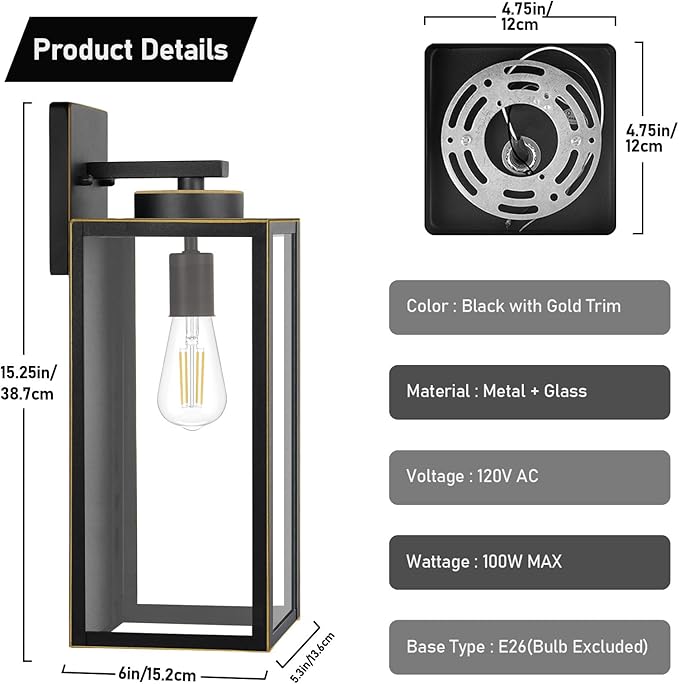 BesLowe 15’’ Large Outdoor Wall Lights, Porch Lights Black with Gold Trim | Waterproof Metal Construction, Rust-resistant, Quick & Easy Installation, Clear Glass Shades & Standard E26 Socket