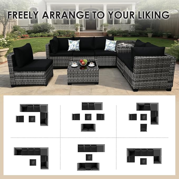 8 Pieces Patio Furniture Set with Storage, Outdoor Sectional Sofas | Storage Box with a Waterproof Bag, Wicker Modular Outdoor Sectional Furniture with Thick Cushions for Deck, Porch, Black