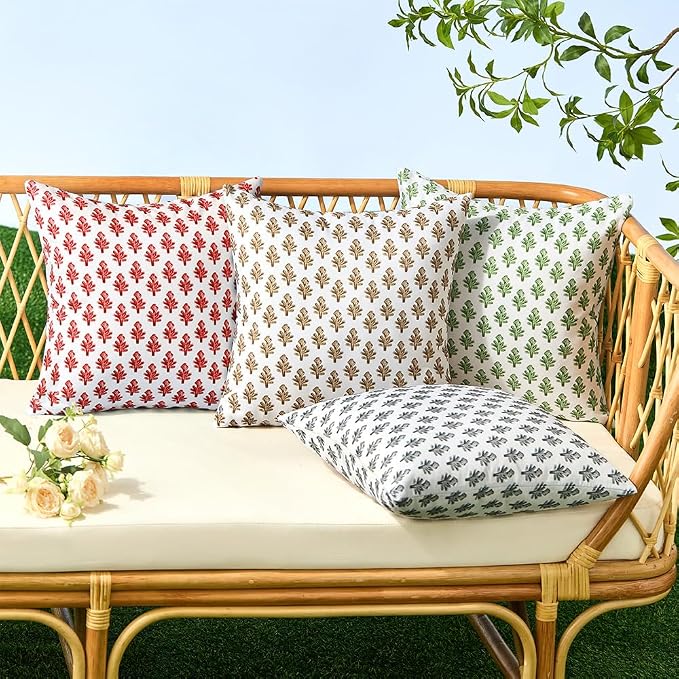 Outdoor Pillow Covers 18x18 Set of 2 Boho Red Floral Accent Print Decorative Throw Pillow Cases for Outdoor Waterproof Patio Furniture Garden Porch Sofa Bed Cushion Covers Home Decor JB005-J18
