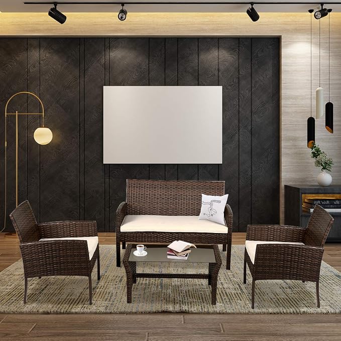 Tangkula Brown 4PCS Patio Rattan Furniture Converstation Set