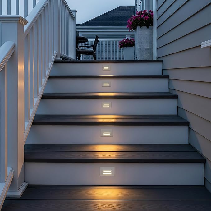 LEONLITE 5CCT 120V LED Step Lights, 3.5W Dimmable Horizontal Louvered Stair Lights Indoor Outdoor, Wet Location, CRI90, ETL, 2700K/3000K/3500K/4000K/5000K, Aluminum, White, Pack of 3