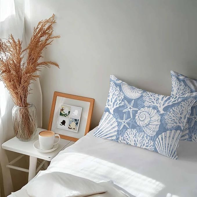 Lumbar Pillow Covers 20x12 Inch Set of 2, Lake Blue Starfish Coastal Waterproof Outdoor Pillow Covers, Summer Coral Shell Beach Nautical Decorative Cushion Pillowcases for Couch Sofa Bed Garden Patio