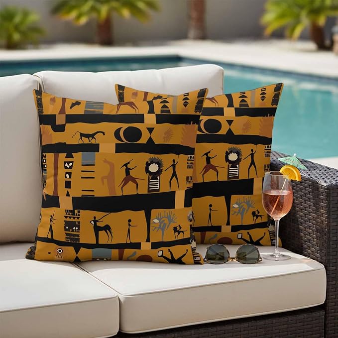 Yukro Ethnic African Outdoor Waterproof Pillow Covers Pack of 2, Abstract Exotic Ethnic Black African Decorative Throw Pillowcases Cushion Covers for Garden Patio Tent Sofa Couch, 16x16 inch