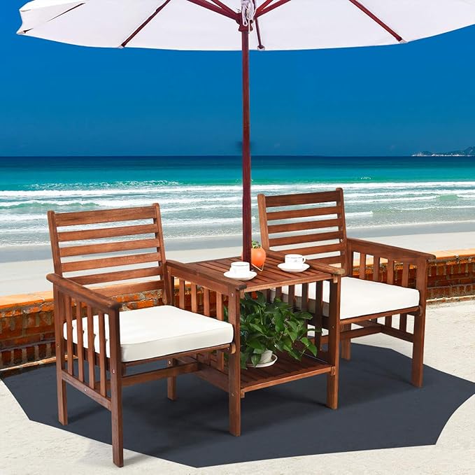 Tangkula Acacia Wood Loveseat, 3pcs Outdoor Table Chairs Set, Patio Conversation Set w/Coffee Table and Soft Cushions, 2.1-inch Umbrella Hole, 2-Seater Furniture Set (White)