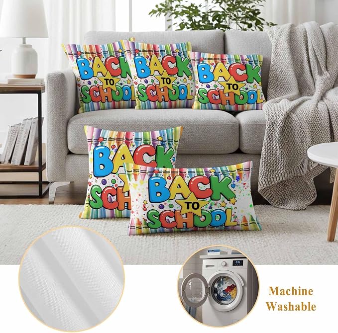 Outdoor Waterproof Pillow Covers for Patio Back to School Decorative Throw Pillow Cover Colorful Crayon School Season Pillowcases Set of 2 Cushion Case for Sofa Couch Chair 20x20 Inch