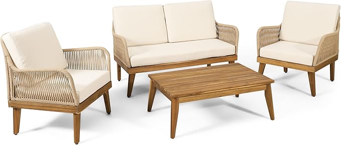 4-Piece Acacia Wood Patio Furniture Set, Outdoor Conversation Set with Rope Weave, Loveseat, 2 Chairs & Coffee Table, Teak