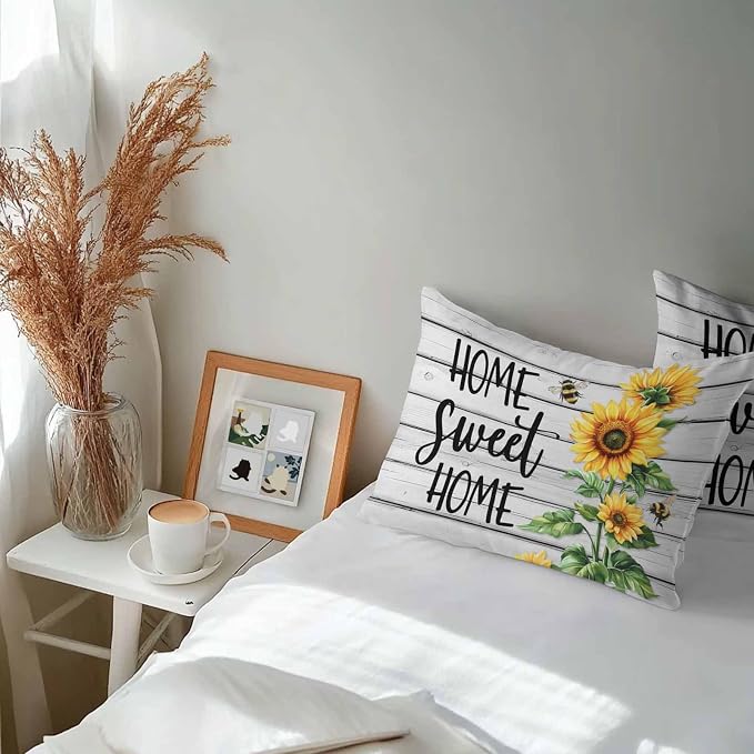 Lumbar Pillow Covers 20x12 Inch Set of 2, Yellow Sunflower Waterproof Outdoor Pillow Covers, Bee Wooden Grain Country Farmhouse Decorative Cushion Pillowcases for Couch, Sofa, Bed, Garden, Patio