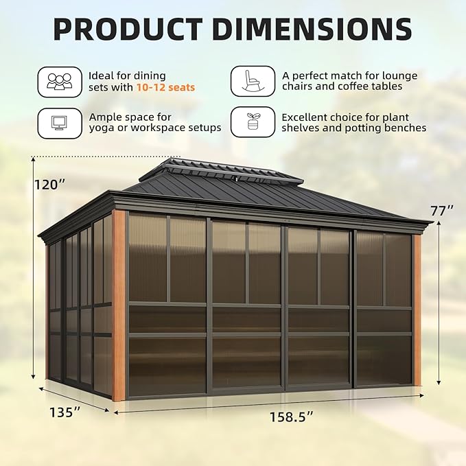 EROMMY 12' X 14' Hardtop Sunroom, Galvanized Steel Double Roof Gazebo Solarium with Wood Grain Aluminum Frame & Detachable Windows, All-Weather Sun Room for Patio Deck Backyard