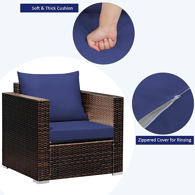 COSTWAY 3-Piece Patio Furniture Set, Outdoor Wicker Rattan Sofa with Cushions and Coffee Table with Tempered Glass, Modern Conversation Chair Set for Poolside Backyard Balcony Lawn (Navy)