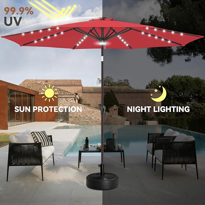 10ft Solar Umbrella Outdoor - Lighted Solar Patio Umbrella with 40 LED Lights Waterproof UV Protection, Table Umbrella with Tilt for Pool, Porch, Garden, Deck, Backyard (Red)