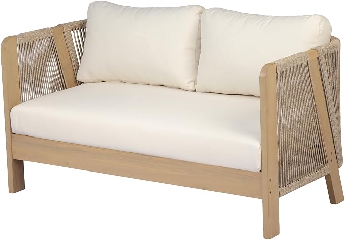 Christopher Knight Home Dalba Acacia Wood Outdoor Loveseat and Coffee Table Set, 3 Piece Patio Furniture Set with Removable Cushion, Solid Wood Outdoor Conversation Set, Light Teak+Beige