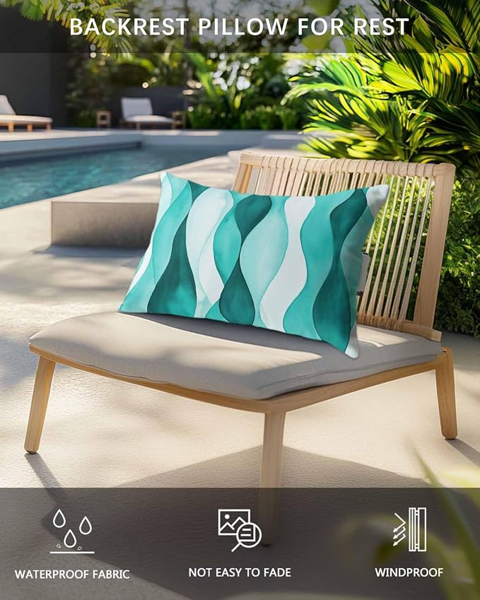 Outdoor Pillow for Chaise Lounge Chair Teal Green Gradient Ripples Outdoor Pillows Waterproof with Adjustable Strap Headrest Lumbar Pillows for Garden Patio Furniture 2 Pack 12" x 20"