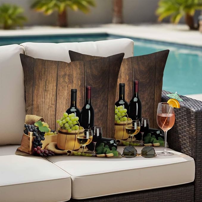 Outdoor Pillow Covers 16 x 16 Inches, Red Wines Waterproof Throw Pillow Cover Set of 2, Champagne Grapes Galsses Country Wooden Plank Decorative Square Cushion Covers for Patio/Couch/Garden