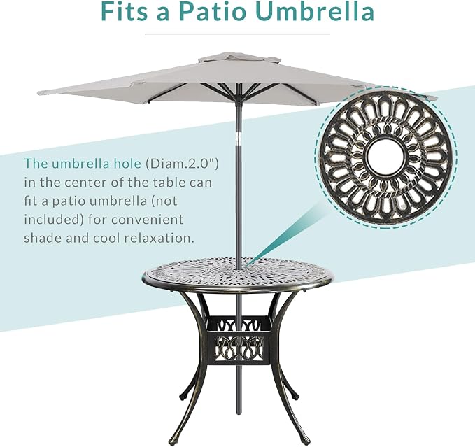 MEETWARM 3-Piece Outdoor Patio Dining Set, All-Weather Cast Aluminum Patio Conversation Set - 2 Cushions Swivel Rocker Chairs and 35.4" Round Table for Backyard Garden Deck, Umbrella Hole, Ocean Blue