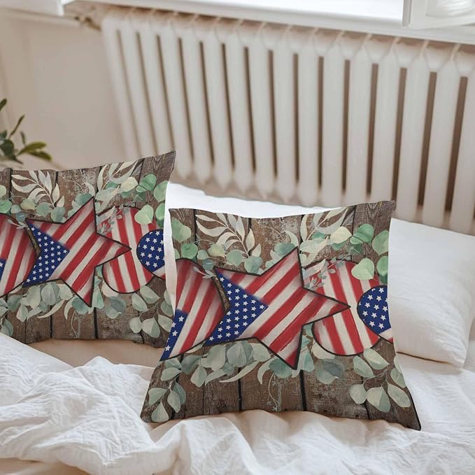 4th of July Waterproof Outdoor Pillow Covers Set of 2 Home Decor, Vintage Eucalyptus Leaf Stars Stripes Flag Pillowcase Patio Pillow Covers for Couch Bench Furniture Garden 24x24in
