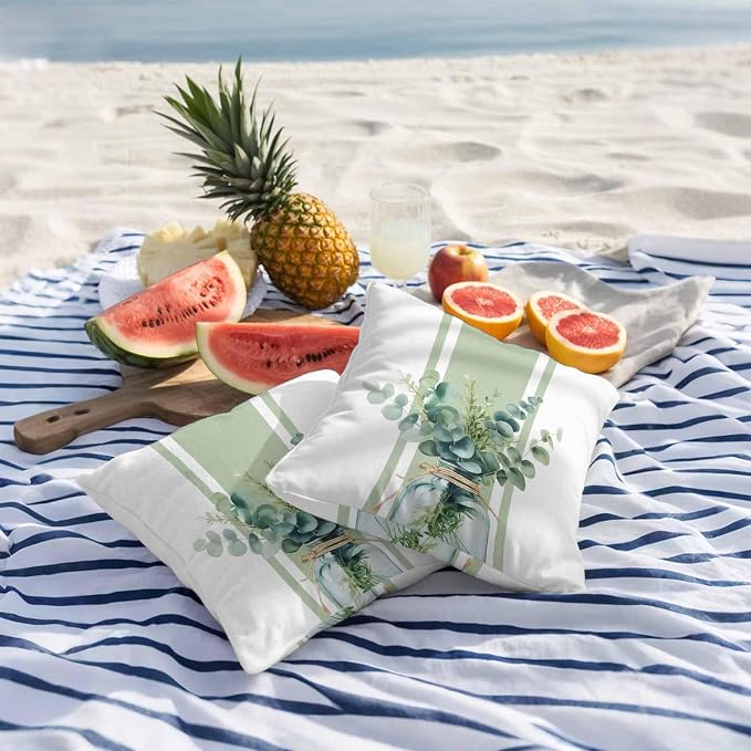 Sage Green Eucalyptus Leaves Outdoor Pillow Covers 16x16 Inch Throw Pillow Covers Set of 2 Waterproof Decorative Pillow Cases Farmhouse Stripe Botanical Cushion Covers for Patio Furniture Garden Couch