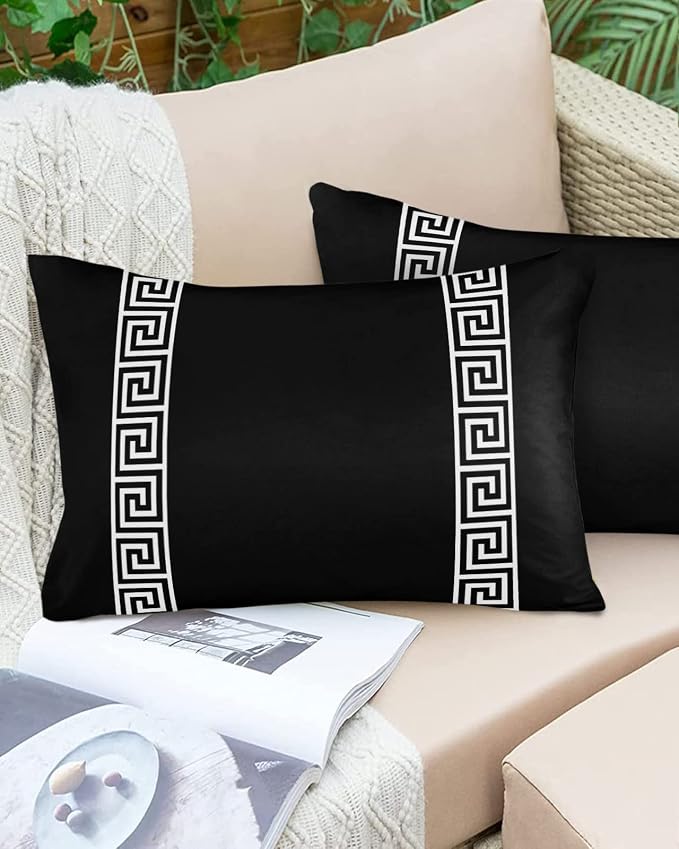 Funy Decor Waterproof Outdoor Throw Pillow Cover Geometric Greek Key Design Lumbar Pillowcases Set of 2 Black Decorative Patio Furniture Pillows for Couch Garden 20x12 inch