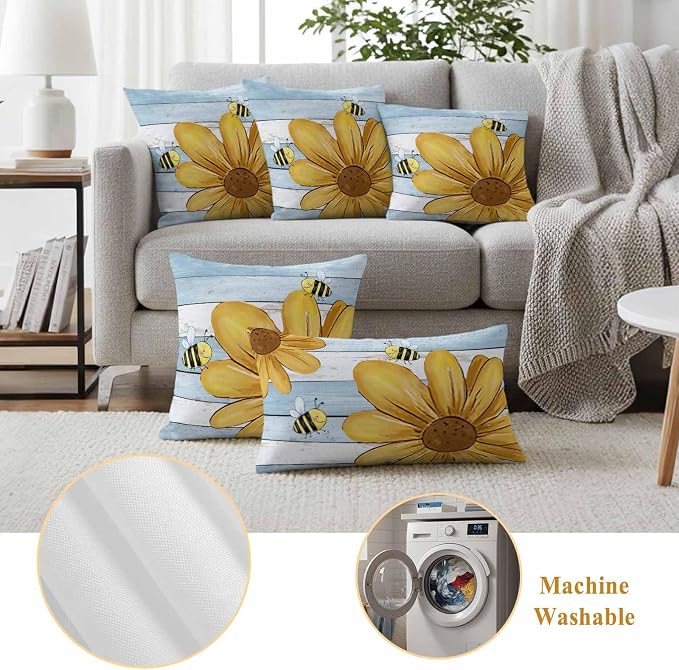 Daisy Flower Honeybees Outdoor Pillow Covers Set of 2 Yellow Farmhouse Floral Blue Wood Grain Waterproof Throw Pillow Cover Decorative Cushion Cases for Patio Porch Garden 18X18 Inch