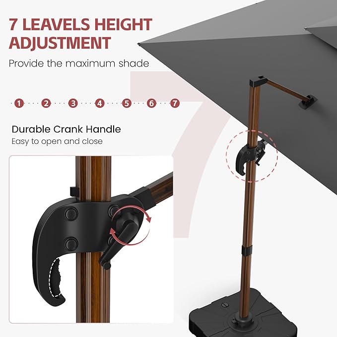 GENTEACO 10x13FT Wood Pattern Cantilever Patio Umbrella, Double Top Rectangle Offset Umbrella 7 Angle Tilts & 360° Rotation, Large Heavy Duty Outdoor Sun Umbrella for Pool Market, Grey