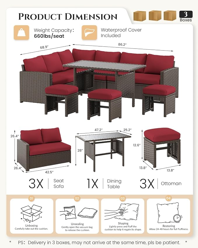 U-MAX 7 Pieces Patio Furniture Set with Waterproof Cover, Outdoor Sectional Sofa Conversation Set, All Weather Wicker Rattan Dining Table & Chair with Ottoman, Brown Rattan&Wine Red Cushion