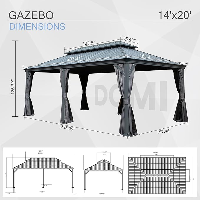 Domi 14' X 22' Hardtop Gazebo, Upgraded Metal Gazebo with Drainage System, Dual-Layer Galvanized Steel Roof, Curtain and Netting, Outdoor Shelter Canopy for Patio, Garden, and Backyard, Grey