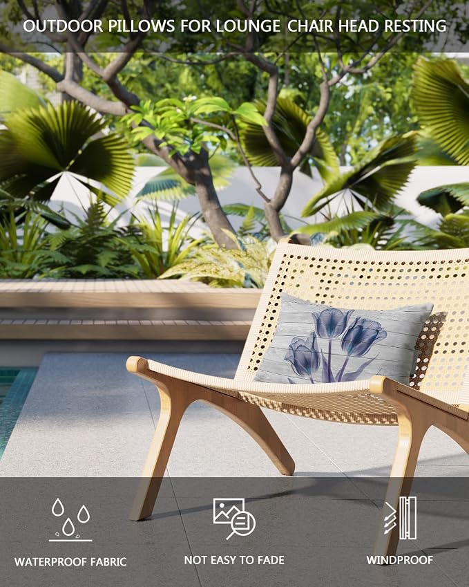 Outdoor Pillows Covers with Inserts Abstract Transparent Blue Flower Tulip Wood Grain Waterproof Pillow with Adjustable Strap Throw Pillows for Patio Furniture Recliner Lounge Chair, 12x20 inch, 1PCS