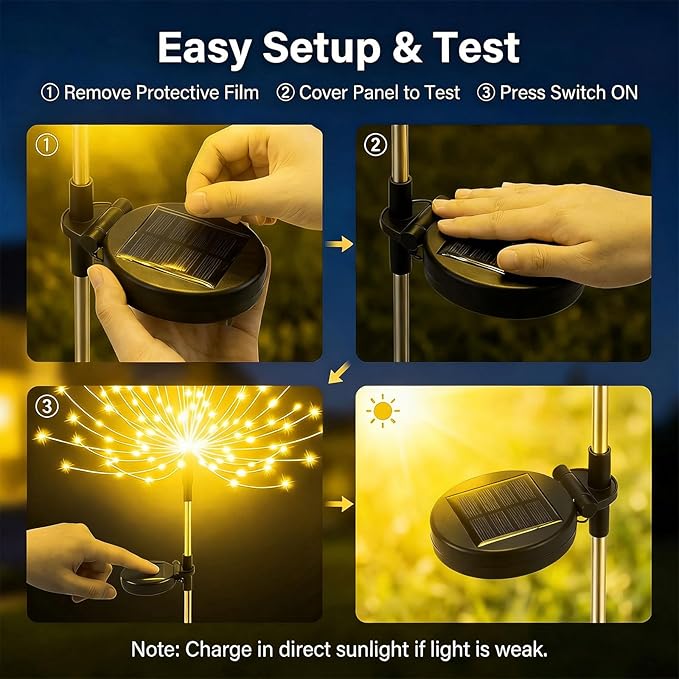 Solar Firework Lights Outdoor, 200 LED Starburst Garden Lights, Adjustable Height 2/3-Rod up to 51in, Stainless Steel, 2 Lighting Modes, IP65 Waterproof Pathway Light for Yard Patio Lawn