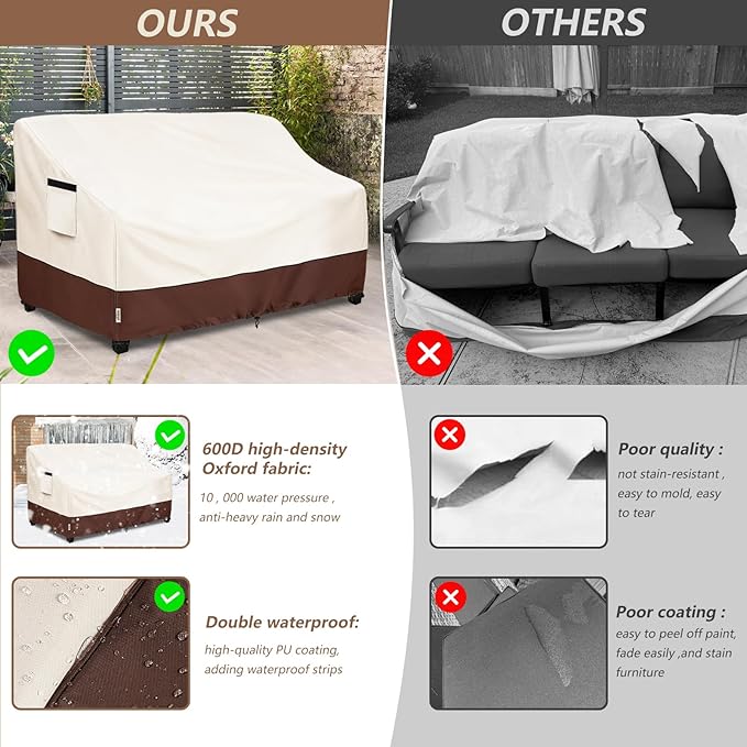 3-Seater Heavy Duty Patio Bench Loveseat Cover,100% Waterproof Outdoor Sofa Cover 85" W x 38" D x 35" H,Patio Furniture Couch Covers(Beige)