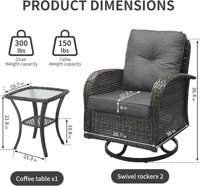 SHGJ&SOFT 3 Piece Patio Furniture Set, 2 Outdoor Swivel Rocking Chairs with Side Table, Wicker Glider Chairs, All-Weather Rattan Bistro Set for Porch, Deck, Pool (Grey, Grey Full-Weave Rattan)