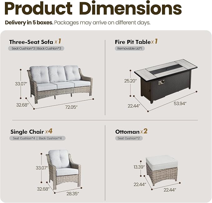 8 Piece Patio Furniture Set with Fire Pit Table, All Weather Wicker High Back Sofa Chairs Ottoman with Thick Cushion, Outdoor Conversation Sets for Large Backyard Deck Garden, Grey