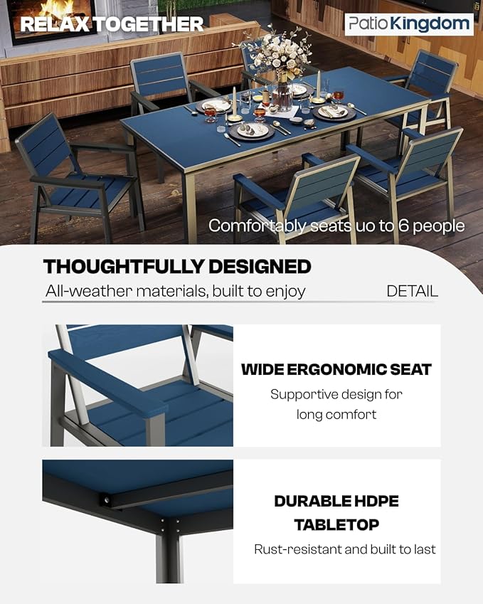 7-Piece Patio Dining Set with 11FT Umbrella, Aluminum & HDPE Outdoor Table and Chairs, Weather-Resistant All-Season Backyard, Deck & Patio Dining Furniture with 2" Umbrella Hole (Navy)