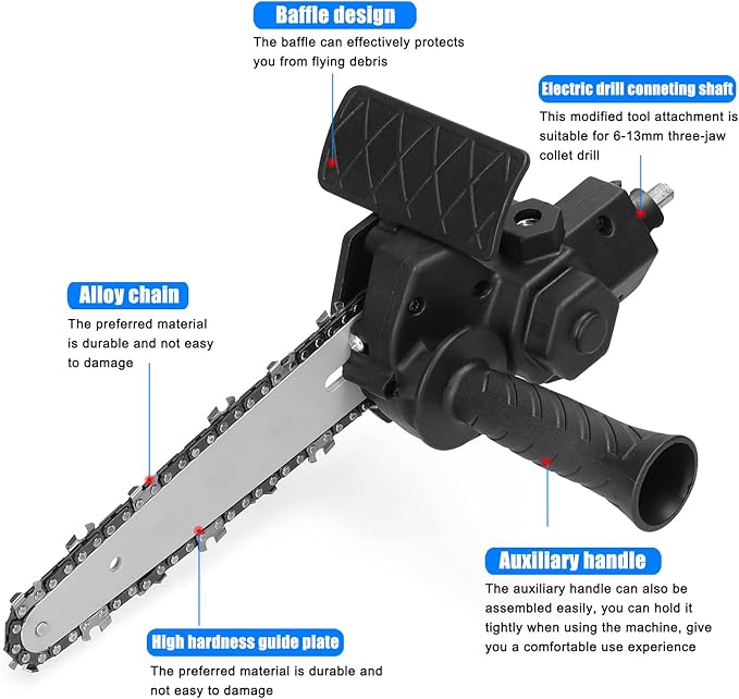 Electric Chainsaw Attachment, 6 Inch Electric Drill Attachment, Woodworking Cutting Tool Accessories for Wood Cutting Tree Trimming, Household Garden Use, for 6-13mm 3-jaw Collet Drill