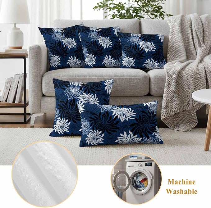 Yukro Blue Black Floral Outdoor Waterproof Pillow Covers Pack of 2, Vintage Blue White Black Flower Decorative Throw Pillowcases Cushion Covers for Garden Patio Tent Sofa Couch, 18x18 inch