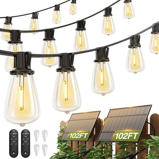 addlon 204FT(2 Pack*102FT) Solar String Lights Waterproof, 60+4 LED Bulbs | Patio Lights Solar Powered with Remote & USB Port, 3 Lighting Modes Outdoor Light for Camping Backyard Garden