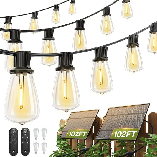 addlon 204FT(2 Pack*102FT) Solar String Lights Waterproof, 60+4 LED Bulbs | Patio Lights Solar Powered with Remote & USB Port, 3 Lighting Modes Outdoor Light for Camping Backyard Garden