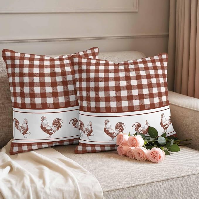 Outdoor Waterproof Throw Pillow Covers Set of 2 Chicken Cock Rooster Pillowcases 18x18 Inches Farmhouse Animal Red Buffalo Plaid Decorative Pillows Cushion Case Patio Pillows for Couch Bed Chair