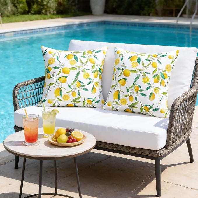 SquarePie Outdoor Pillow Covers 18x18 Inch Set of 2 - Waterproof Lemon Square Cushion Covers for Patio Garden Furniture, Summer Yellow Citrus Decorative Throw Pillow Cases for Couch Sofa Balcony Bench