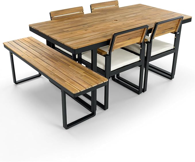 6-Piece Outdoor Acacia Wood Dining Set, 1 Table with 4 Chairs & 1 Bench, Comfortable Cushions on Chairs, Adjustable Feet, for Patio, Garden, Backyard Family Gatherings (Beige-6A)