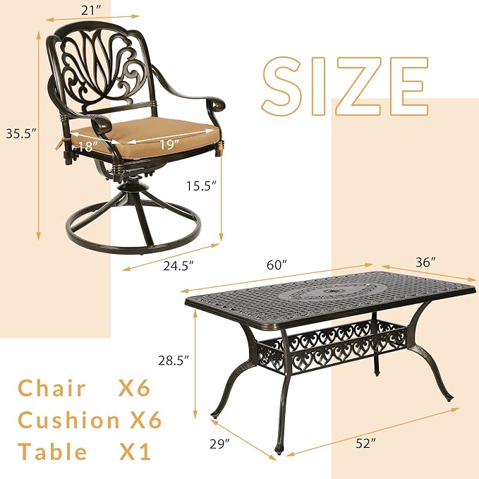 7-Piece Outdoor Patio Dining Set, 60” Rectangular Cast Aluminum Dining Table with Umbrella Hole and 6 Cushioned Swivel Rocker Chairs, Patio Funiture Set for Backyard, Patio, Garden