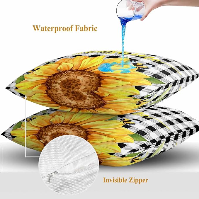 Farm Outdoor Throw Pillow Cover Watercolor Sunflowers Honeybee Waterproof Cushion Covers 2 Pack Yellow Flower Black White Plaid Pillow Cases Home Decoration for Patio Garden Couch Sofa 16x16In